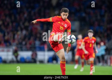 Cardiff, Wales, UK. 13 November, 2021. Brennan Johnson of Wales during the World Cup 2022 qualification match between Wales and Belarus at the Cardiff City Stadium. Credit: Mark Hawkins/Alamy Live News Stock Photo