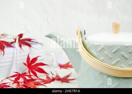 Light green tea pot with red maple leaves and books on a white background. Text space. Stock Photo