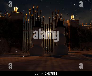 Two Christmas Snowmen are celebrating Christmas near a park at night - 3d rendering Stock Photo