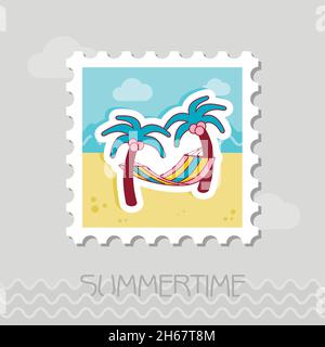 Hammock with palm trees on beach vector stamp. Beach. Summer. Summertime. Holiday. Vacation, eps 10 Stock Vector