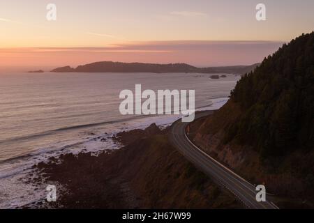 Scenic highway 101 at Oregon Coast in Port Orford during sunset. Stock Photo