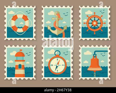 retro marine stamps vector set eps 10 Stock Vector