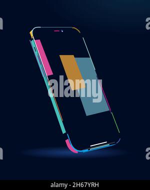 Smartphone frame, mobile phone rotated position, cell phone isometric illustration, abstract, colorful drawing. Vector illustration of paints Stock Vector