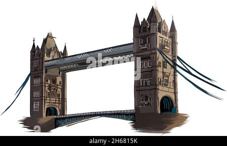 Tower Bridge in London, color drawing, realistic. Vector illustration of paints Stock Vector