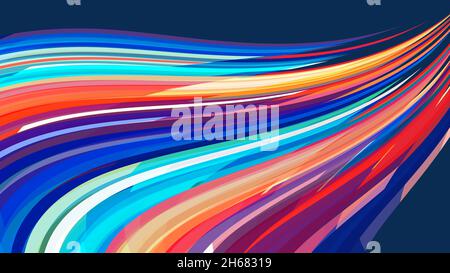 Abstract multicolor curved stripes on dark blue background. Technicolor vector graphic pattern Stock Vector
