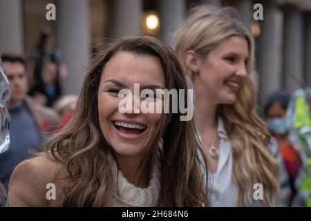Cast of the West End theatre Disney production: ‘Frozen: The Musical’, including Samantha Barks as Elsa gather in Covent Garden. London, UK. Stock Photo