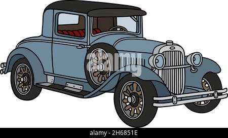 The vectorized hand drawing of a vintage blue car Stock Vector