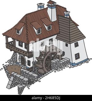 The vectorized hand drawing of a historical watermill Stock Vector