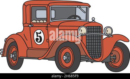 The vectorized hand drawing of a funny vintage red racecar Stock Vector