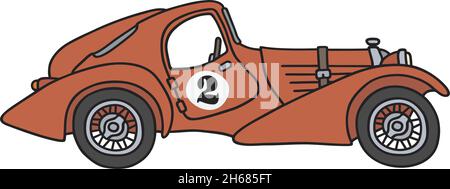 The vectorized hand drawing of a funny vintage red racecar Stock Vector