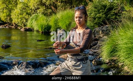 An asian female fly fisher women wearing waders and resting a rod on her  shoulder, as she looks where to fish on a river in Scotland Stock Photo -  Alamy