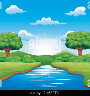River cartoons in the middle beautiful natural scenery Stock Vector