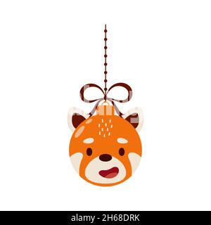 Merry Christmas and new year ball with cute red panda. Cartoon winter holidays animal bauble. Vector stock illustration Stock Vector