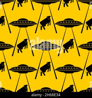 Ufo and cow pattern seamless. Alien flying saucer and cows background. Concept of extraterrestrial civilizations and Experiments on another planet Stock Vector