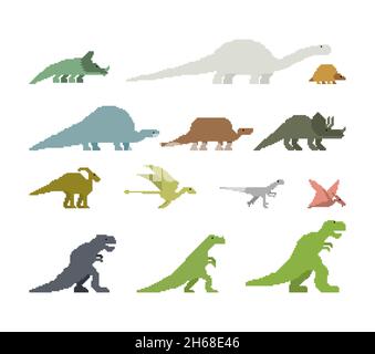 Dinosaur pixel art Set. Ancient animal. Diplodocus and Stegosaurus, Pterosaur. Ankylosaurus and triceratops. Styracosaurus and Iguanodon, Apatosaurus. Stock Vector