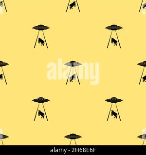 Ufo and cow pattern seamless. Alien flying saucer and cows background. Concept of extraterrestrial civilizations and Experiments on another planet Stock Vector