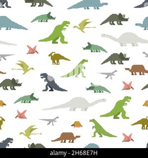Dinosaurs pixel art seamless pattern. 8bit Dino texture. pixelated Prehistoric monster lizard background. Ancient animal cartoon style. Childrens clot Stock Vector