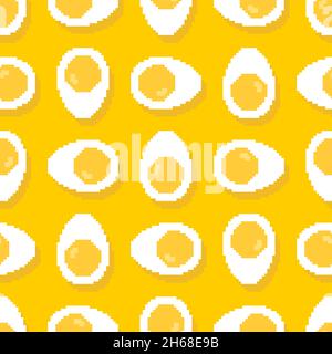 Boiled egg pixel art pattern seamless. Half an egg 8 bit background. pixelated food vector texture Stock Vector