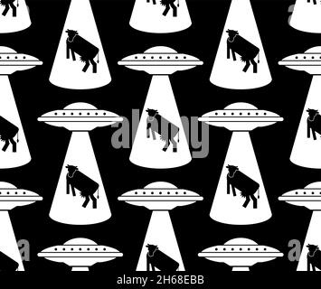 Ufo and cow pattern seamless. Alien flying saucer and cows background. Concept of extraterrestrial civilizations and Experiments on another planet Stock Vector
