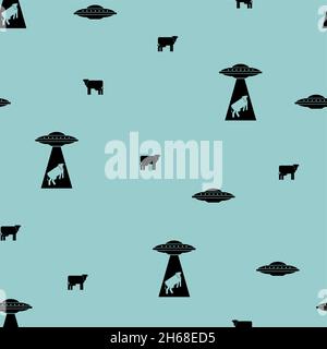 Ufo and cow pattern seamless. Alien flying saucer and cows background. Concept of extraterrestrial civilizations and Experiments on another planet Stock Vector