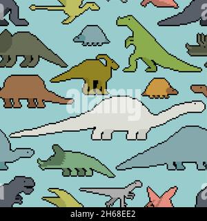 Dinosaurs pixel art seamless pattern. 8bit Dino texture. pixelated Prehistoric monster lizard background. Ancient animal cartoon style. Childrens clot Stock Vector