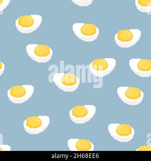 Boiled egg pixel art pattern seamless. Half an egg 8 bit background. pixelated food vector texture Stock Vector