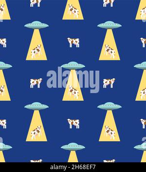 Ufo and cow pattern seamless. Alien flying saucer and cows background. Concept of extraterrestrial civilizations and Experiments on another planet Stock Vector