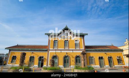 Volos Greece, beautiful old train station. beautiful building of Volos railway station in Thessaly, Greece Stock Photo