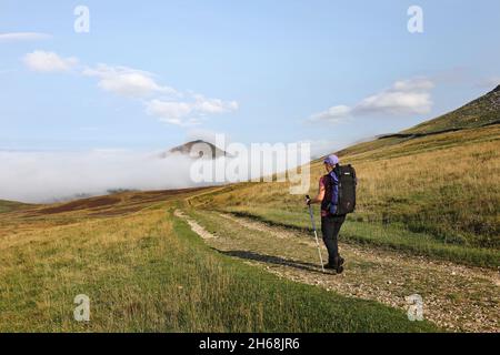 Backpacker on the Pennine Way between High Cup Nick and Dufton, with Dufton Pike rising above the fog, Cumbria, England, UK Stock Photo