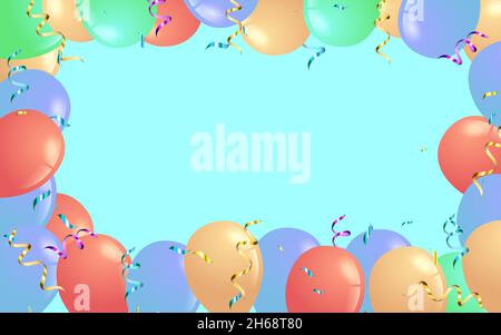 Greeting card. Festive template. Happy Birthday. Holiday. Colored balloons on a blue background with komfeti. EPS 10 Stock Vector