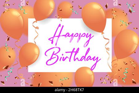 Greeting card. Festive template. Happy Birthday. Holiday. orange balloons on a pink background with Colored komfeti Stock Vector