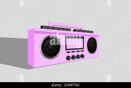 Modern stylish music receiver. Pink Boombox, audio and music. Retro old Realistic 3d object. Tape recorder vintage isolated on transparent background Stock Vector