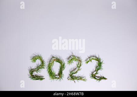 Lightbox with 2022 numbers handmade from Christmas tree branches. Stock Photo