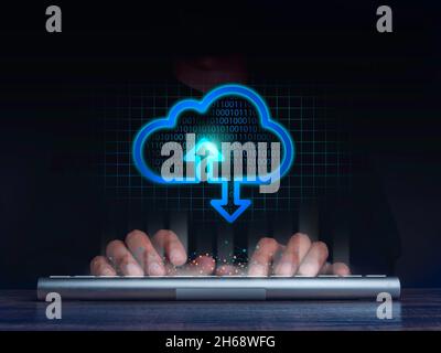 Cloud computing technology internet concept background. Cloud computing icon glowing with digital data and hand working computer on dark background. S Stock Photo