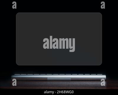Blank virtual screen desktop monitor and modern silver keyboard on wooden desk and darkbackground. Empty space mockup on transparency curved virtual s Stock Photo