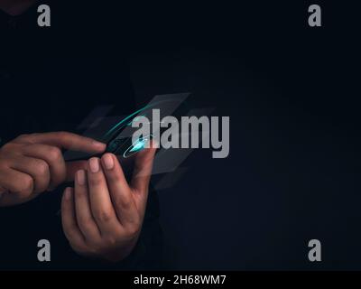 Security data technology and personal privacy on future phone with fingerprint scan concept. Shield with lock icon on screen of futuristic transparent Stock Photo
