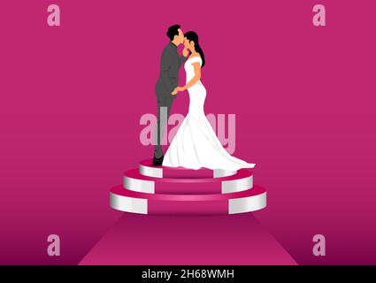 graphics image Bride And Groom Couple Wedding Dress Standing on Podium Pink color tone vector illustration Stock Vector