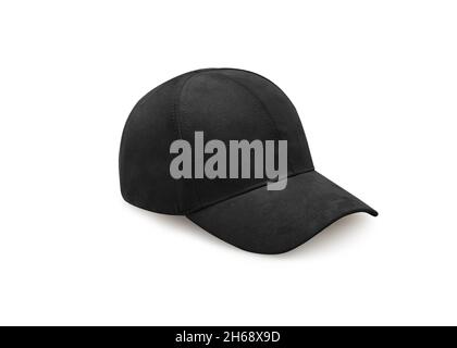 Black baseball cap isolated on white background. Baseball cap in angles view front and back. Canvas fabric cap for premium gift design Stock Photo