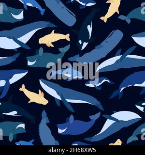 Seamless pattern of whales. Beluga, killer whale, humpback whale, cachalot, blue whale, dolphin, bowhead, southern right whale, sperm hale. Underwater world, Marine. Vector illustration of a whales. Stock Vector