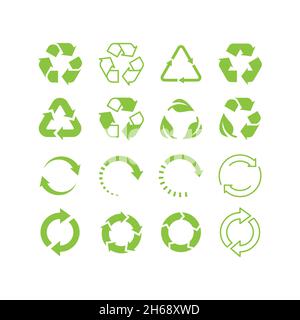 Recycled arrow green vector icon set. Recycle, biodegradable triangle and circle cycle symbol. Stock Vector