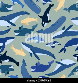 Seamless pattern of whales. Beluga, killer whale, humpback whale, cachalot, blue whale, dolphin, bowhead, southern right whale, sperm hale. Underwater world, Marine. Vector illustration of a whales Stock Vector