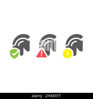 Trojan horse with shield and exclamation mark. Computer virus warning and protection with checkmark sign. Stock Vector