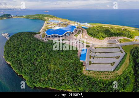 Vladivostok, Russia, 25.07.2021. Oceanarium on the island Russkiy in Vladivostok aerial view Stock Photo