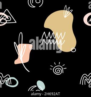 Seamless pattern with abstract hand drawn doodle various shapes, lines, branch, leavers, spots, curves.  Stock Vector