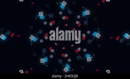 Animation of seamless loop. Abstract animation of multicolored neon social media network emojis icons rotating in spiral on the black background. Stock Photo