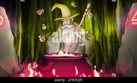 Beautiful animation of cartoon wizard preparing a potion in a cauldron and bright beam of light rushing up. Cute colorful cartoon Stock Photo