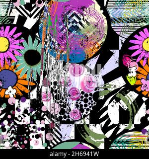 seamless geometric pattern background, retro style, with circles, stripes, flowers, strokes and splashes, black and white Stock Vector