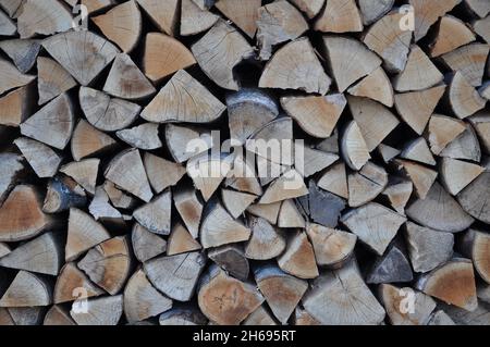 Cut firewood stack logs as pattern. Stack of firewood as background. Pile of chopped wood, closeup. Stock Photo