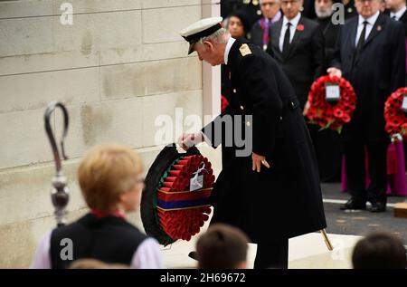 Britain's Prince Charles lays a wreath on behalf of Britain's Queen Elizabeth at The Cenotaph as he attends the annual National Service of Remembrance in Whitehall, London, Britain, November 14, 2021. REUTERS/Toby Melville/Pool