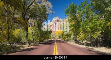 Zion National Park, Utah, USA. Panoramic view along Zion Canyon Scenic Drive to the towering cliffs of Mount Majestic and Cathedral Mountain, autumn. Stock Photo